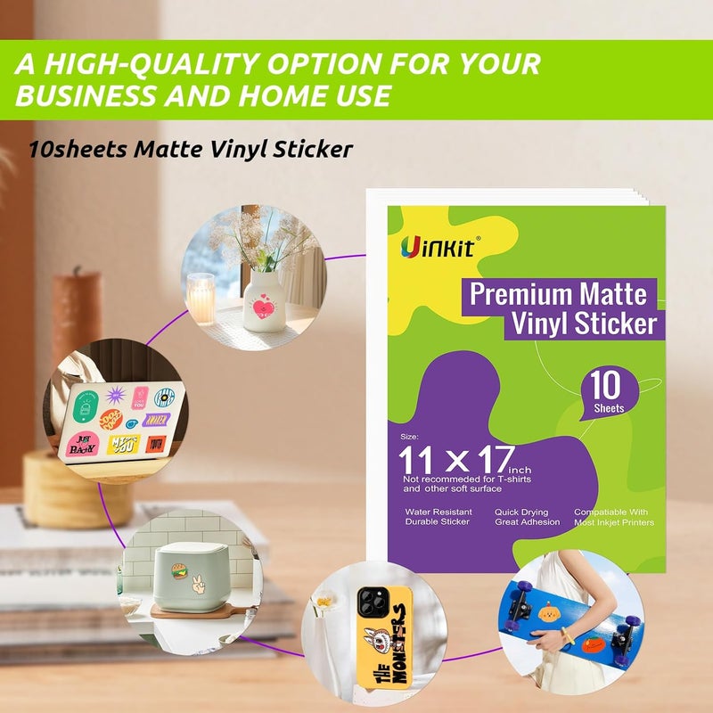 Uinkit Printable Premium Vinyl Sticker for Inkjet Printer 11x17 inch 10Sheets Matte White Sticker Paper Waterproof Adhesive Vivid Colors - Image 4